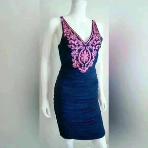 INC International Conceps Navy Blue & Pink Embroidery Crystals Bodycon Dress S